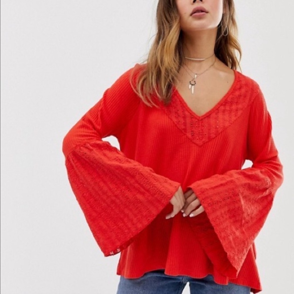 Red V-Neck Bell Sleeve Women's Top